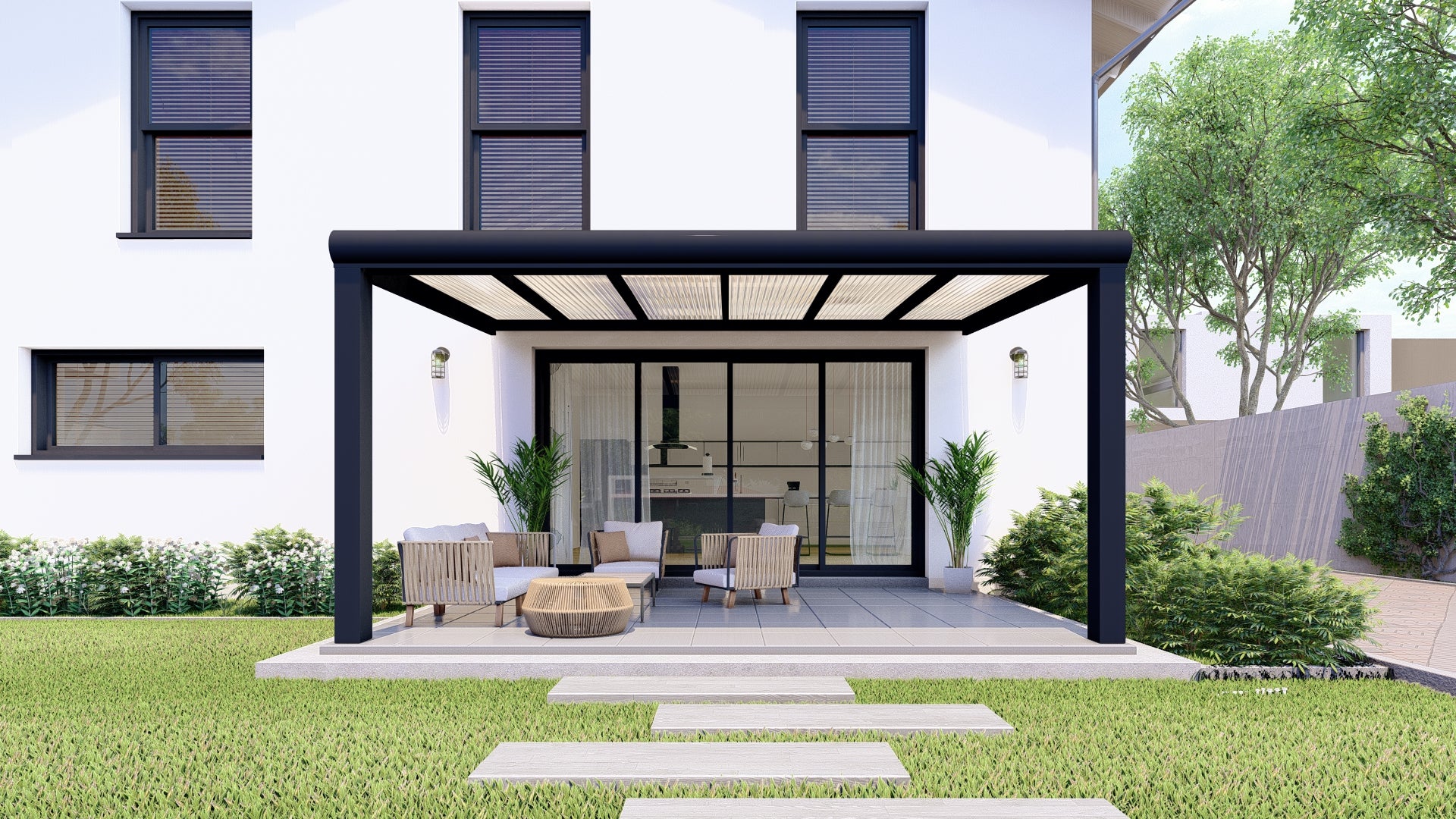 Terrassenüberdachung Schwarz (RAL9005) Polycarbonat Milchweiß