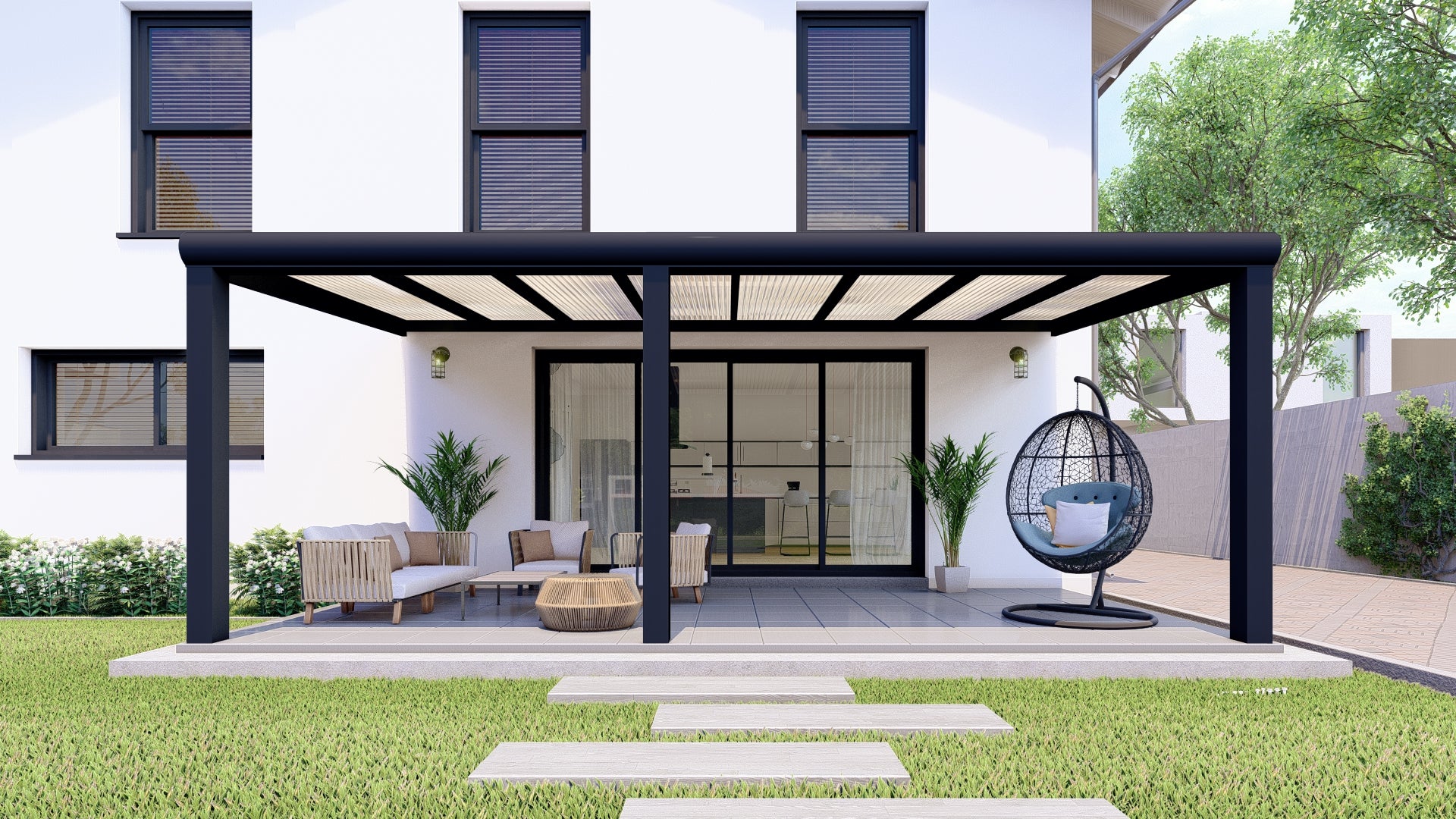 Terrassenüberdachung Schwarz (RAL9005) Polycarbonat Milchweiß